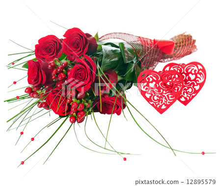 Colorful Flower Bouquet from Red Roses and Two Hearts Isolated. 12895579
