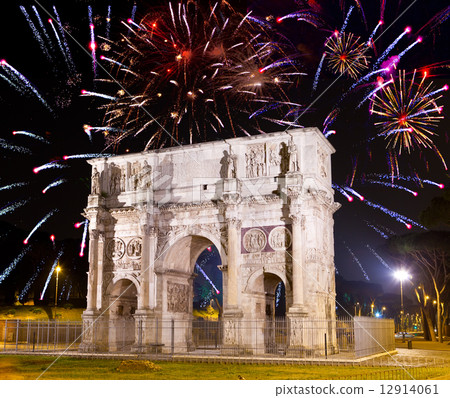 Celebratory fireworks over triumphal arch. Italy. Rome... Celebratory fireworks over triumphal arch. Italy. Rome... 12914061