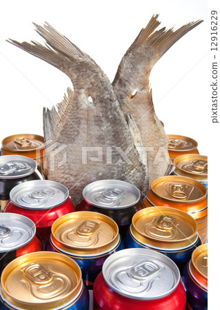 Dried fish and beer on a white background.. 12916229