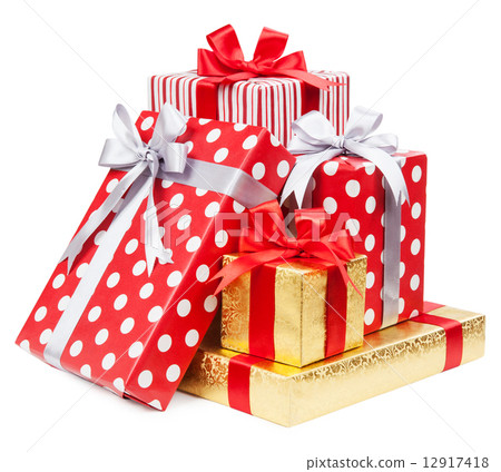 Red and striped and gold boxes with gifts tied bows on white bac Red and striped and gold boxes with gifts tied bows on white bac 12917418