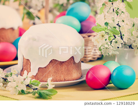 Easter concept - cake, eggs and cherry blossoms. Vintage retro h Easter concept - cake, eggs and cherry blossoms. Vintage retro h 12918029