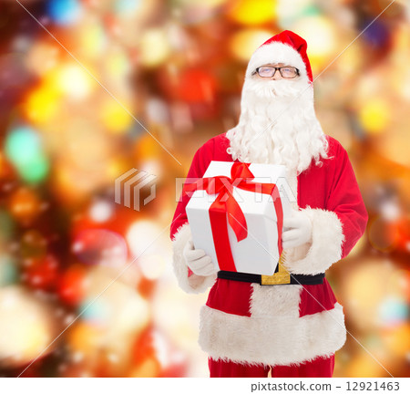 man in costume of santa claus with gift box 12921463