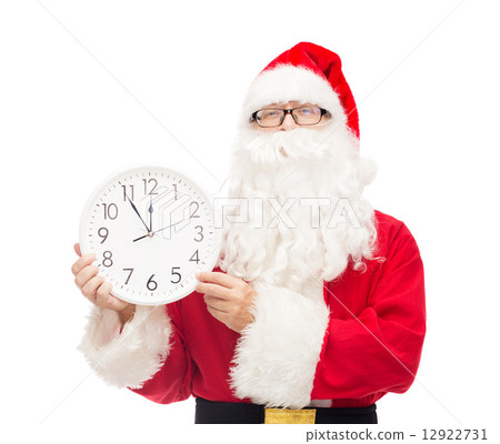 man in costume of santa claus with clock 12922731