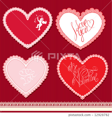 Set of hearts shape are made of lace doily, elements for Valenti 12928782