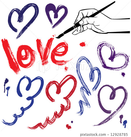 Set of brush strokes and scribbles in heart shapes and word LOVE Set of brush strokes and scribbles in heart shapes and word LOVE 12928785