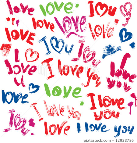 Set of brush strokes and scribbles in heart shapes and words LOV 12928786