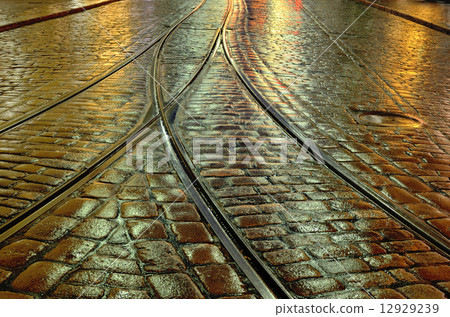old stone pavement and the tram rails in Helsinki, Finland old stone pavement and the tram rails in Helsinki, Finland 12929239