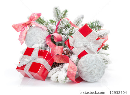 Christmas colorful decor, gift box and snow fir tree 12932504