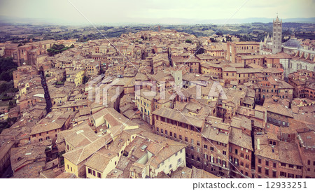 Retro filtered panoramic view of Siena, Italy. 12933251