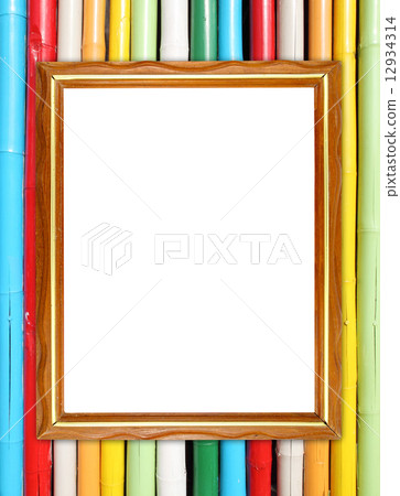 blank wood frame on colorful bamboo wall 12934314