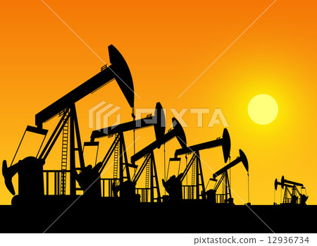 silhouette of working oil pumps on sunset background 12936734