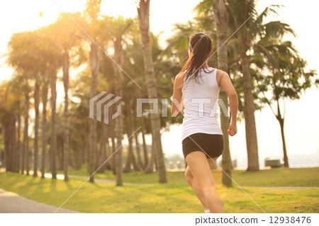 Runner athlete running at tropical park. woman fitness jogging workout wellness concept.  12938476