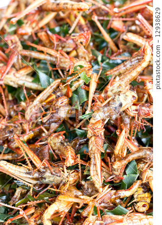 Pile of fried grasshopper. 12938629
