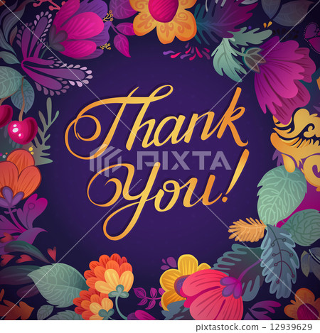 Thank you card in bright colors. Stylish floral background with text, berries, leaves and flower Thank you card in bright colors. Stylish floral background with text, berries, leaves and flower 12939629