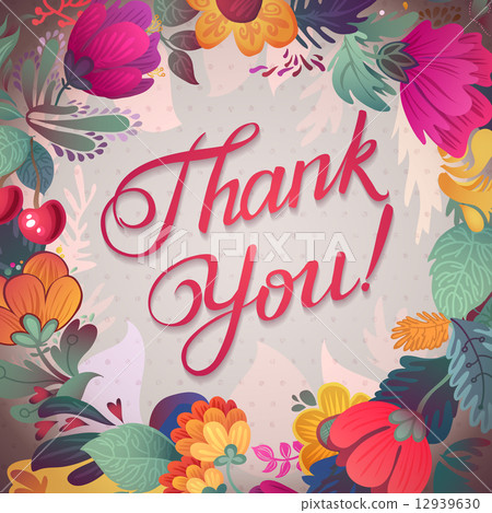 Thank you card in bright colors. Stylish floral background with text, berries, leaves and flower Thank you card in bright colors. Stylish floral background with text, berries, leaves and flower 12939630
