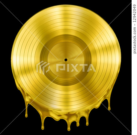 gold molten or melted record music disc award isolated on black 12942049