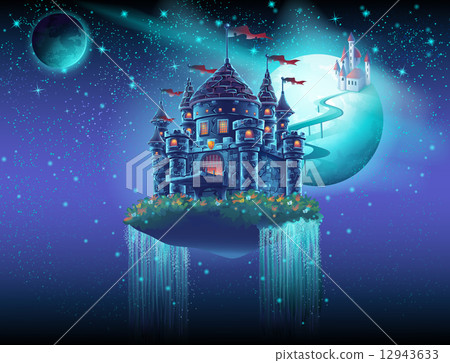 Illustration of the air space of the castle with a bridge on the background of the planets 12943633