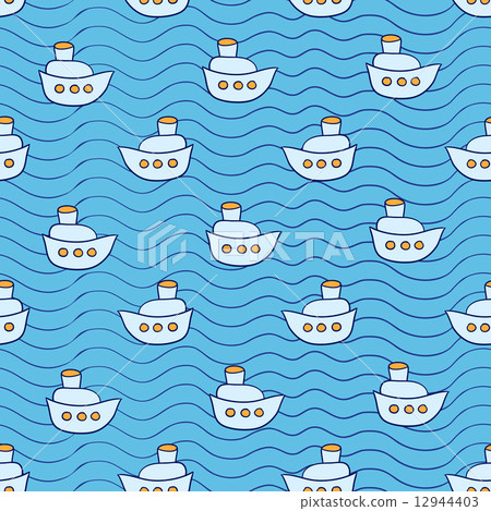 Summer seamless pattern with ship images blue ocean background in doodle style Summer seamless pattern with ship images blue ocean background in doodle style 12944403