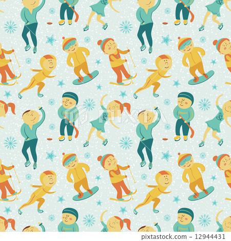 Winter Sports seamless pattern with children, vector illustration 12944431