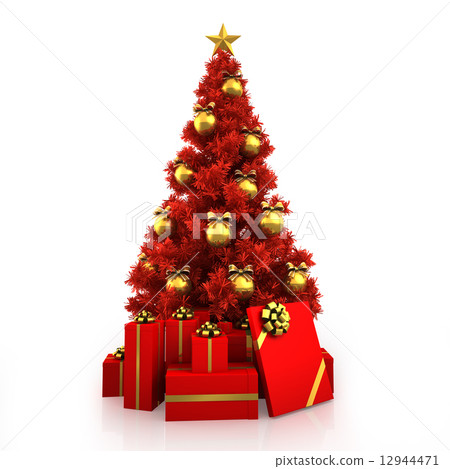Red Christmas tree with gold decor on white... - Stock Illustration ...