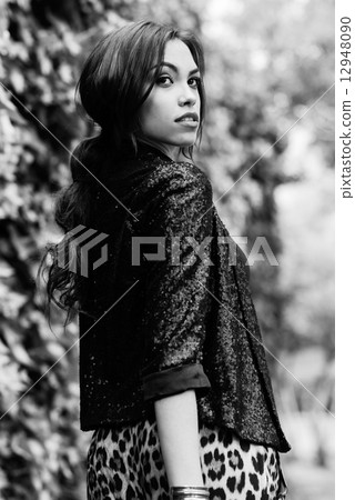 Beautiful woman, model of fashion, wearing leopard pants 12948090