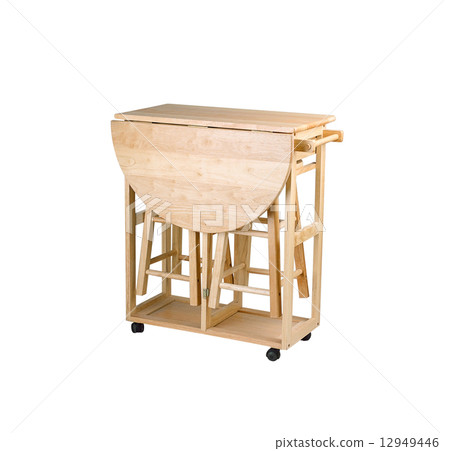 Folding and movable wooden table with stools 12949446