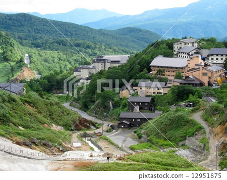 Full view of Manza hot spring Tsumagoi village in Gumma Prefecture Full view of Manza hot spring Tsumagoi village in Gumma Prefecture 12951875