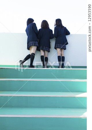 High school students chatting at the landing High school students chatting at the landing 12953590