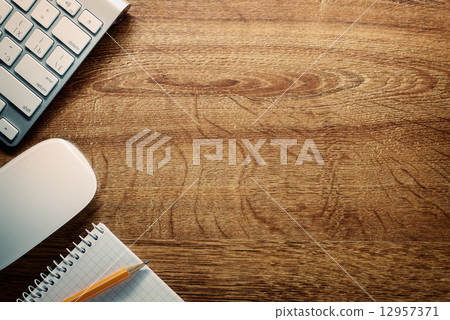 Devices, Pencil and Notes on Desk with Copy Space 12957371