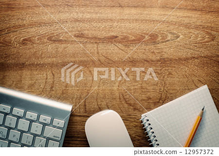 Devices, Pencil and Notes on Desk with Copy Space 12957372