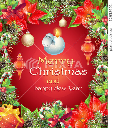 Vector greeting card with Christmas and New Year tree with branches, pine cones and toys Vector greeting card with Christmas and New Year tree with branches, pine cones and toys 12958601
