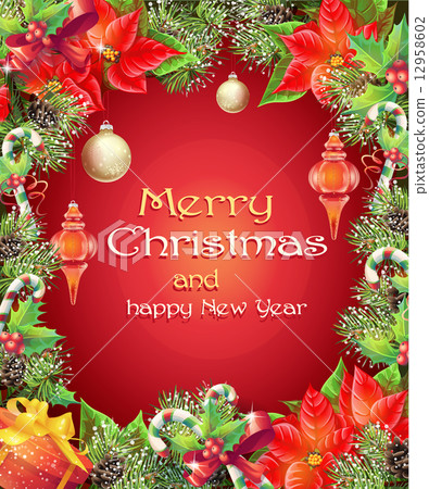 Greeting card with Christmas and New Year tree with branches, pine cones, toys, candy and flower Greeting card with Christmas and New Year tree with branches, pine cones, toys, candy and flower 12958602