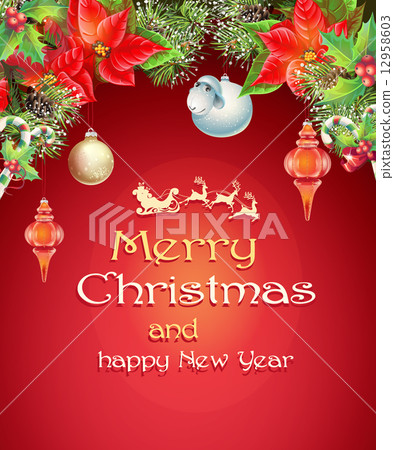 Christmas card with branches of a Christmas tree, a toy lamb, pine cones 12958603