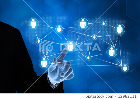 business hand pushing people global connection button 12962111