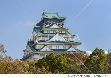 大阪城堡城堡塔在秋天 12963345