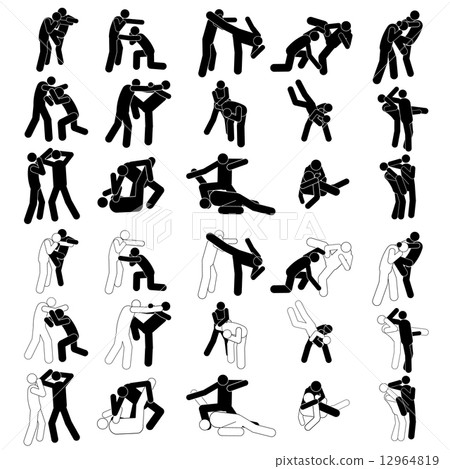 Fight Fighter Muay Thai Boxing Kick Punch Grab Throw People Icon Sign Symbol Pictogram. 12964819
