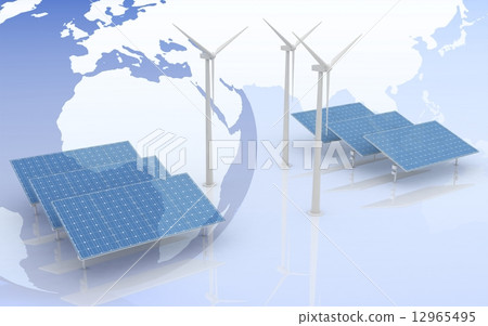 Windmill and Solar Panels on world map... - Stock Illustration ...