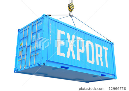 Export, Blue Cargo Container Hoisted with Hook. 12966758