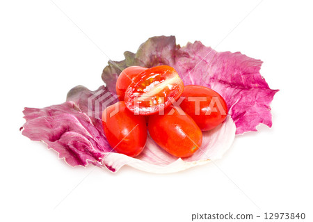 Cherry Tomatoes with Radicchio leaf isolated on white. 12973840