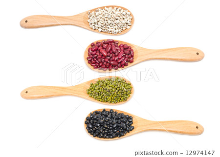 Job's tears, Kidney beans, Mung beans and Black beans with wooden spoon isolated on white. Job's tears, Kidney beans, Mung beans and Black beans with wooden spoon isolated on white. 12974147
