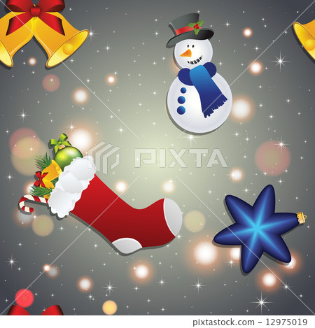 New year pattern with snowman, sock for gifts, bell and Christmas tree toy 12975019
