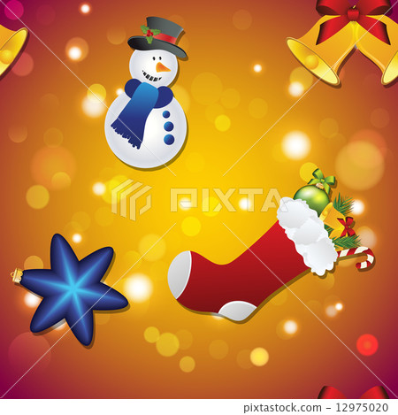 New year pattern with snowman, sock for gifts, bell and Christmas tree toy 12975020
