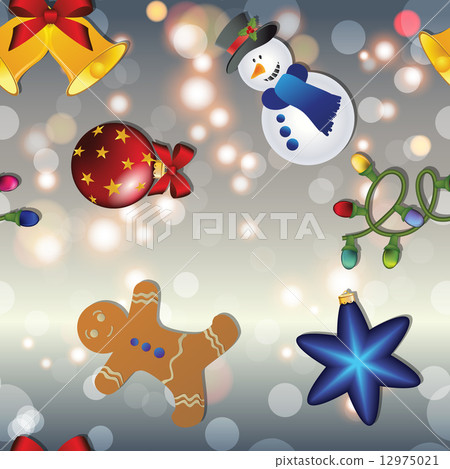 New year pattern with snowman, gingerbread man, bell, garland and Christmas tree toy 12975021