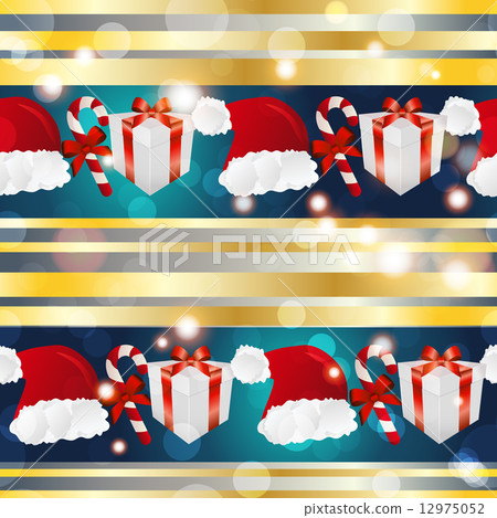 New year pattern with Santa hat, gift and striped candy New year pattern with Santa hat, gift and striped candy 12975052