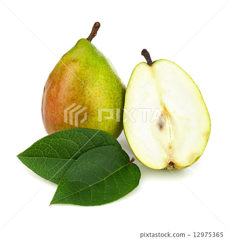 Pear and Half with Green Leaves Isolated on White Background. 12975365