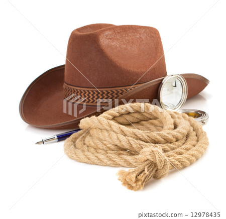 brown cowboy hat and rope  on white 12978435