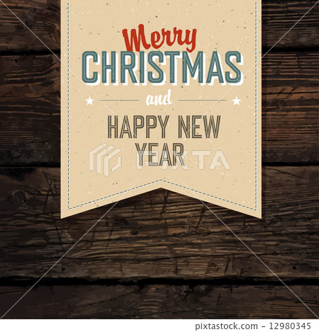 Merry Christmas VIntage Tag Design On Red Planks. Vector 12980345