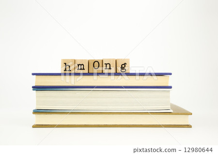 hmong language word on wood stamps and books 12980644