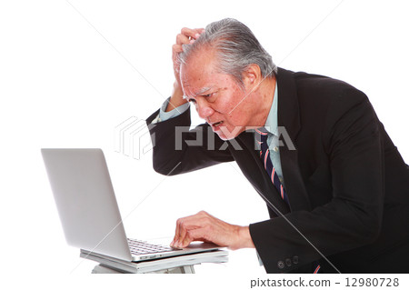 white background,old man, studio shot, businessman, portrait, suit, senior, formal, office, laptop   12980728