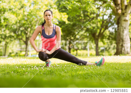 Fit brunette stretching on the grass Fit brunette stretching on the grass 12985881